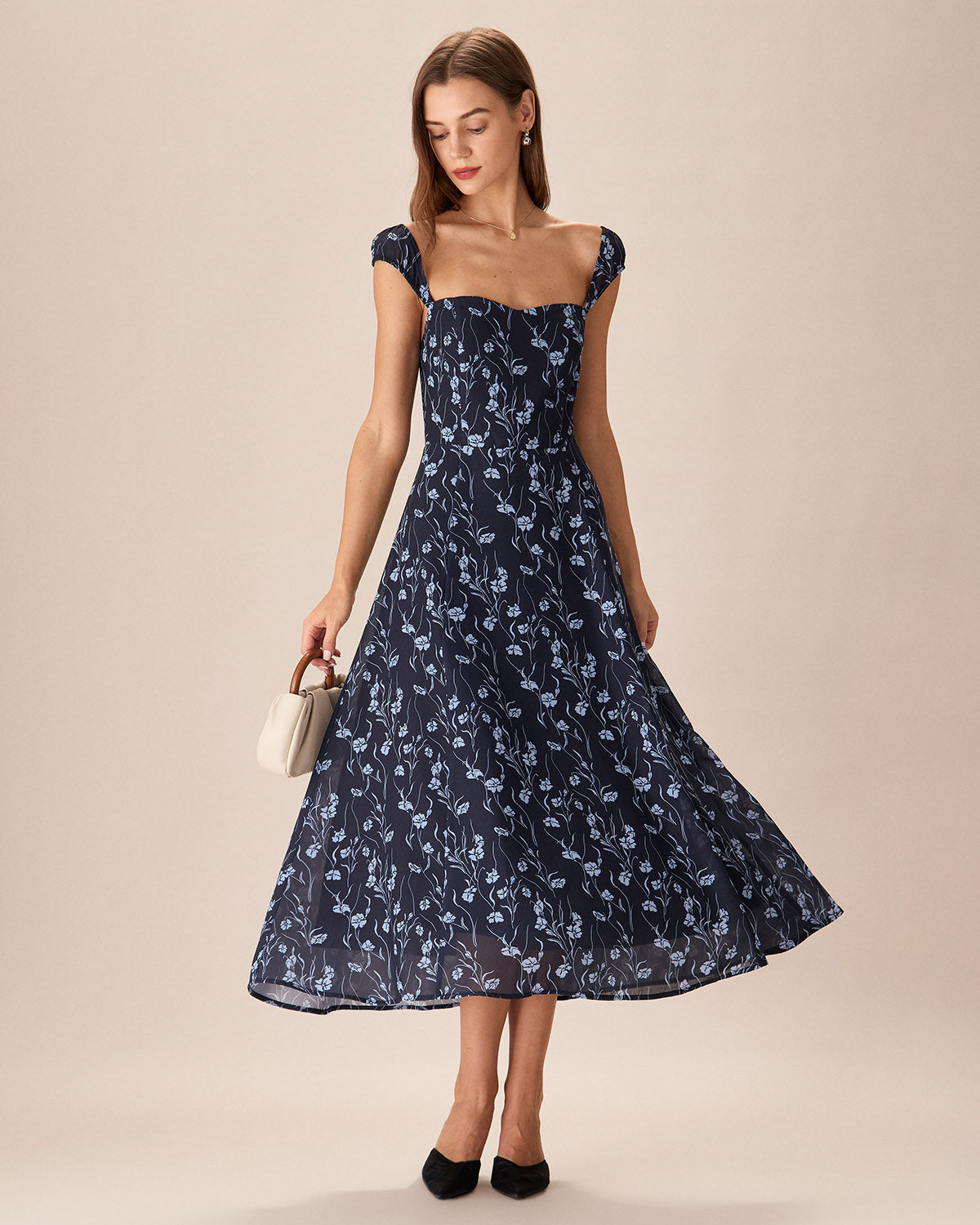 Robe Midi Fleurie Bleu Marine Coeur