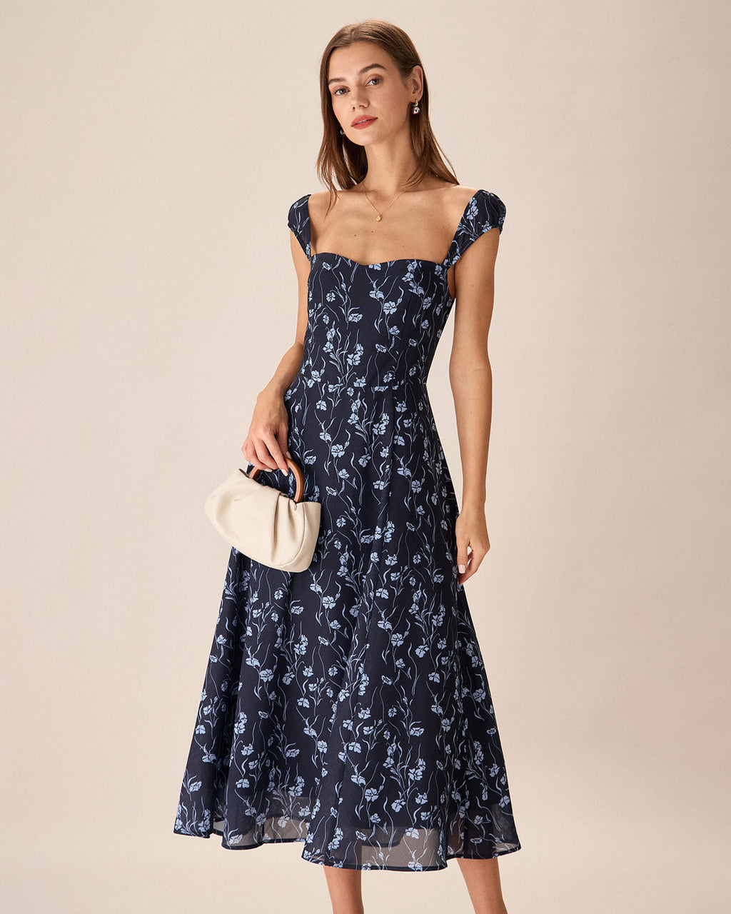 Robe Midi Fleurie Bleu Marine Coeur