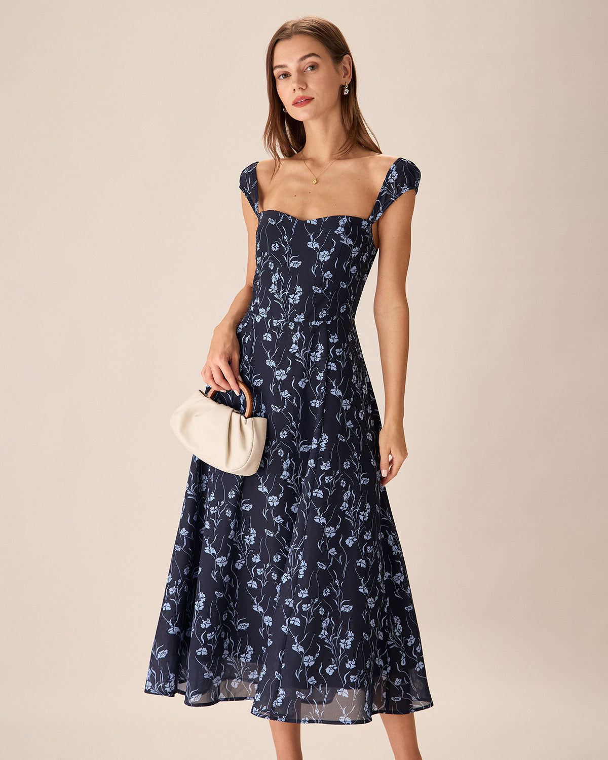 Robe Midi Fleurie Bleu Marine Coeur