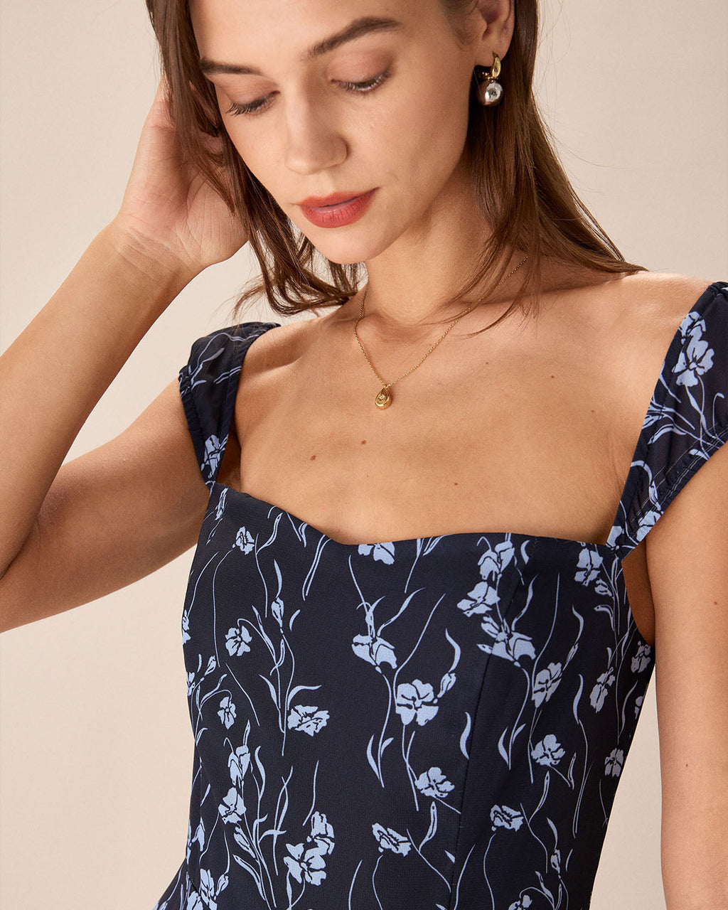 Robe Midi Fleurie Bleu Marine Coeur