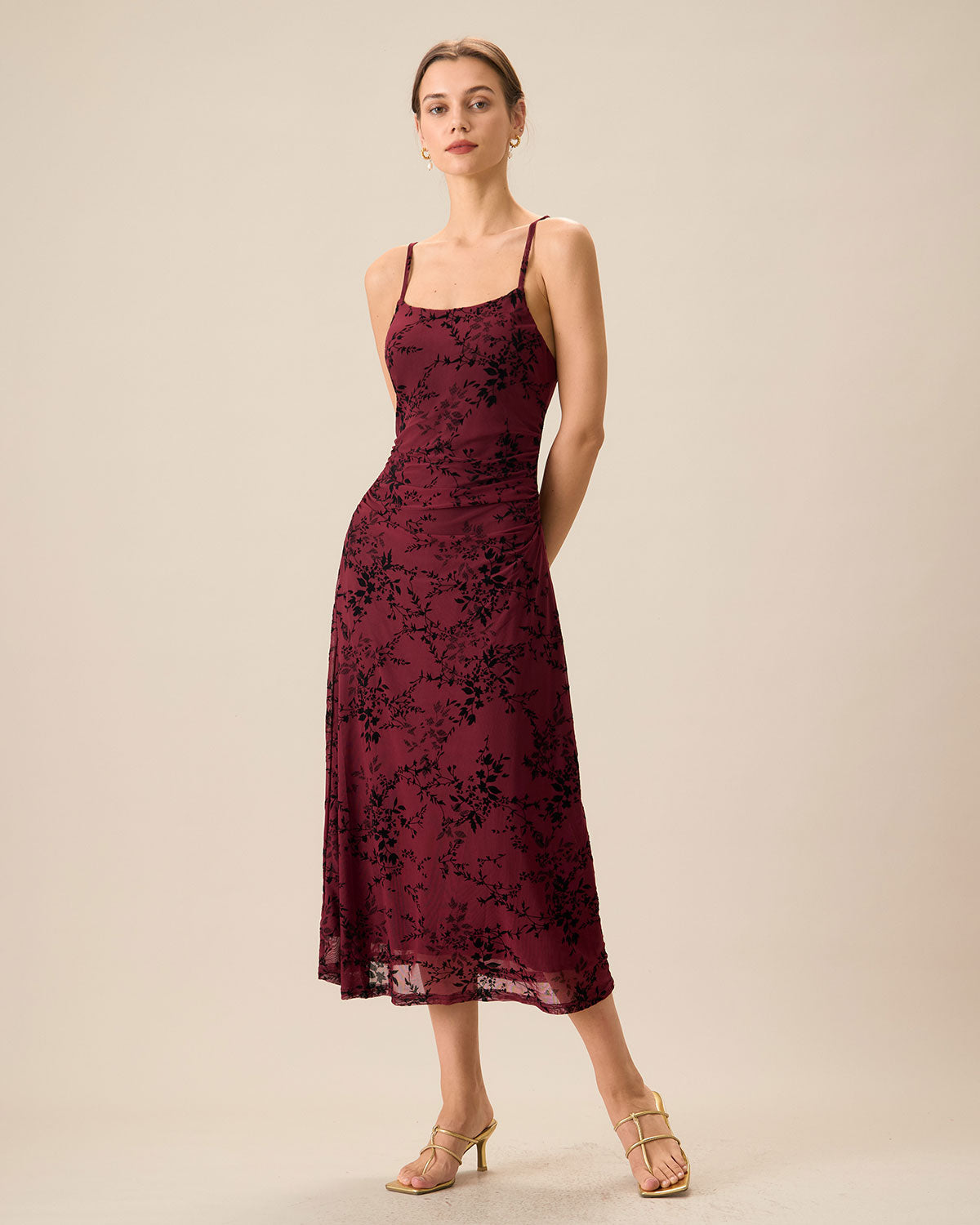 Robe Midi Fleurie Rouge Bordeaux Fluide