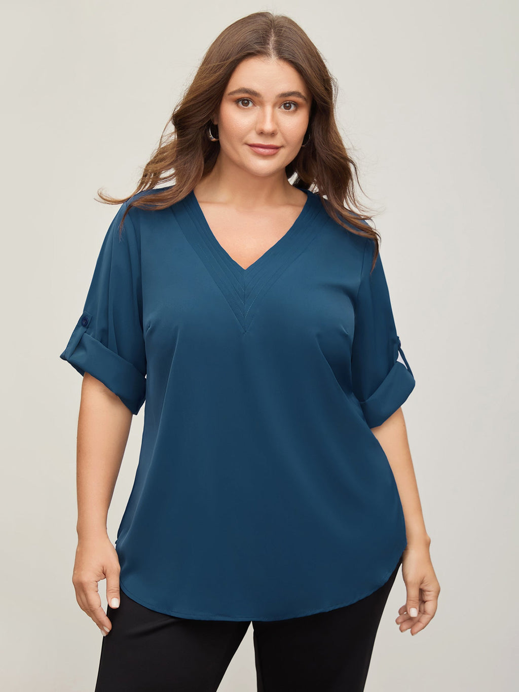 Blouse Col V Plissee Manches Boutonnees