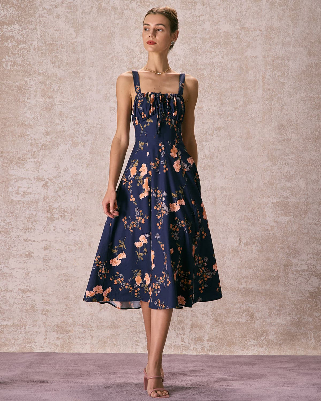 Robe Midi Fleurie Bleu Marine Laçage