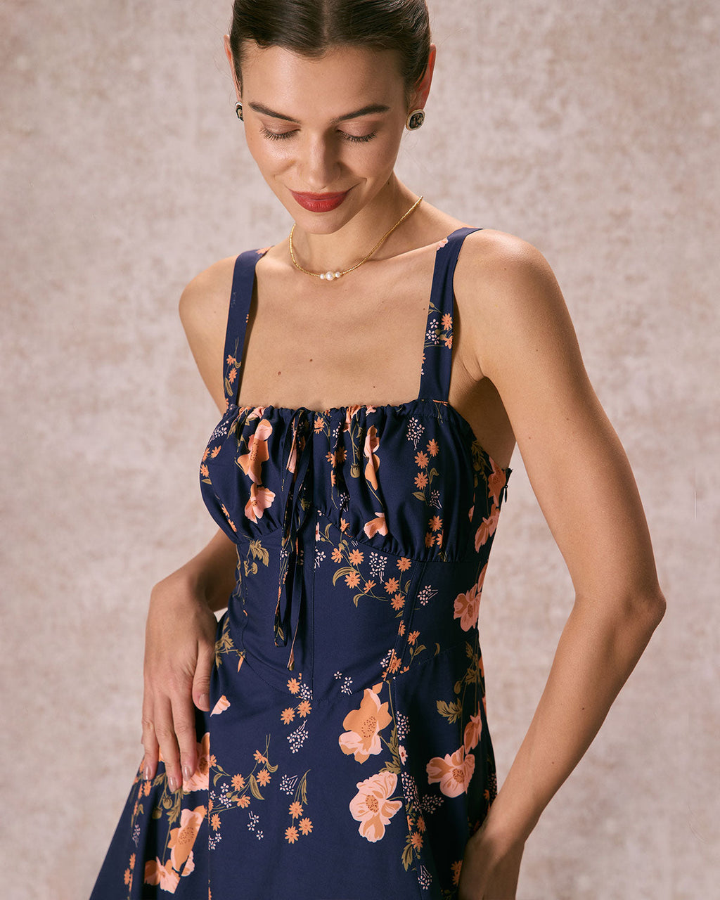 Robe Midi Fleurie Bleu Marine Laçage