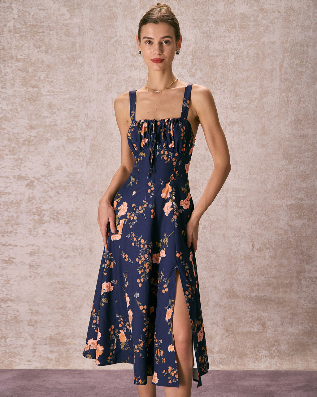 Robe Midi Fleurie Bleu Marine Laçage