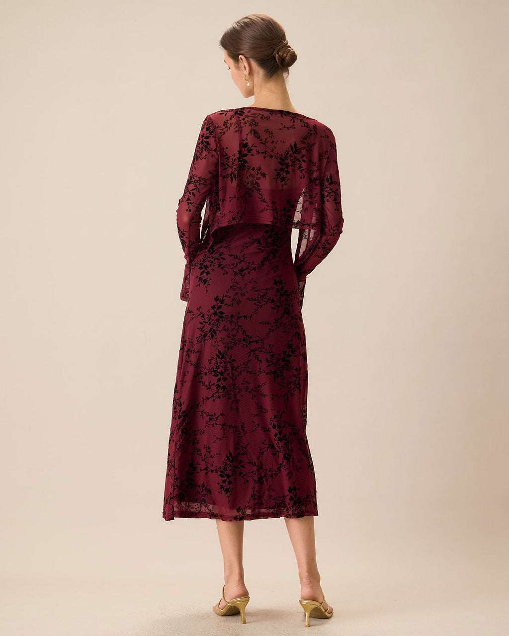 Robe Midi Fleurie Rouge Bordeaux Fluide