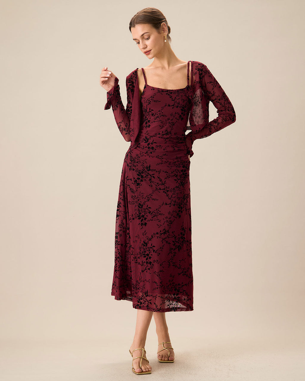 Robe Midi Fleurie Rouge Bordeaux Fluide